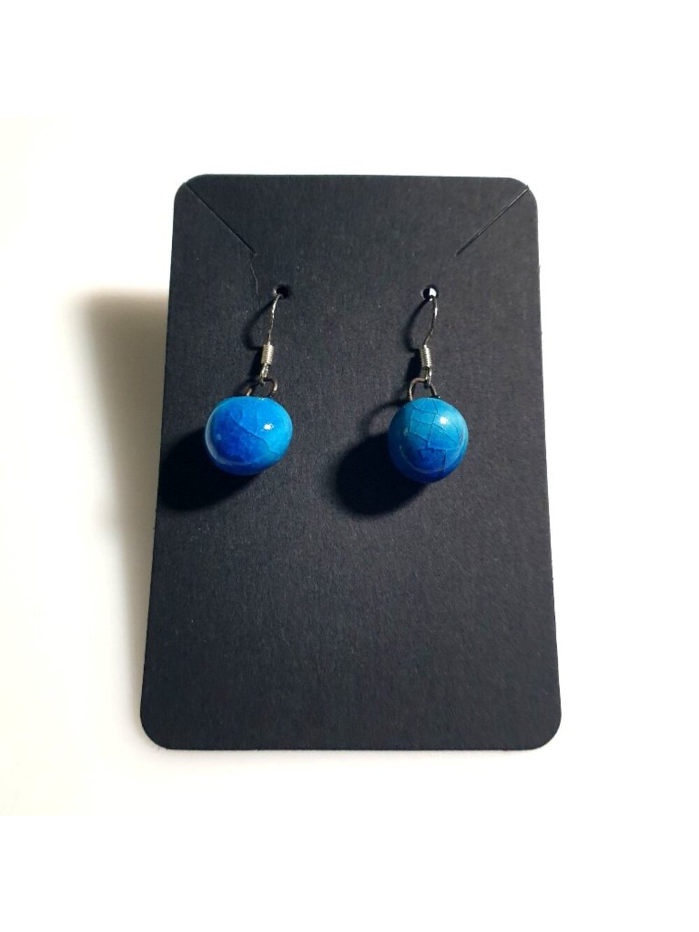 Crackle Glass Blue Sphere Earrings Lightweight Hook Dangle Simple Modern Jewelry